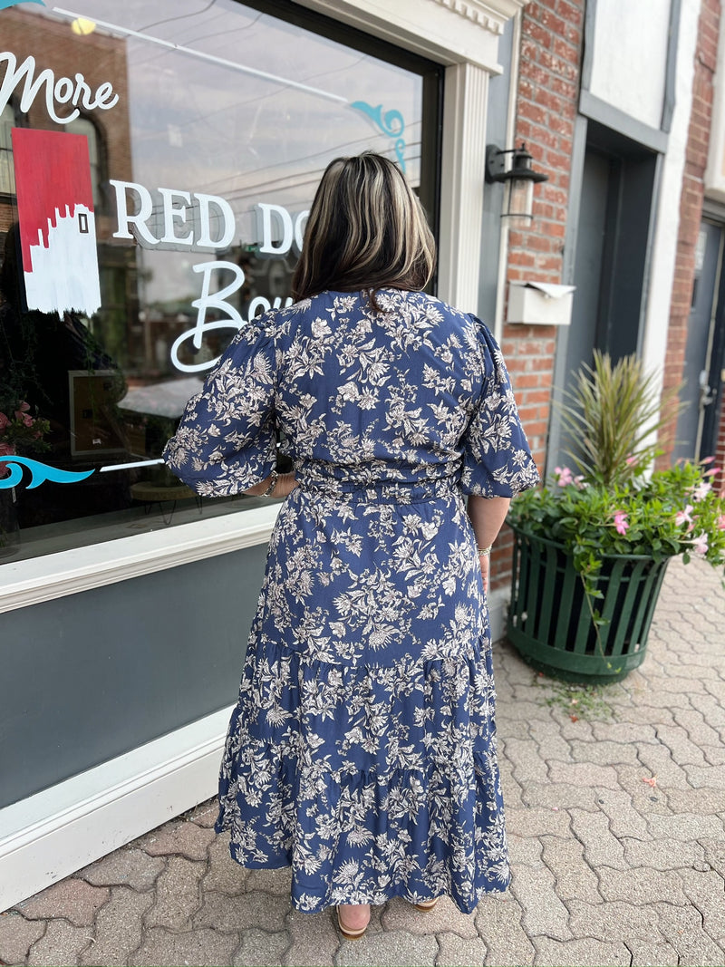 Curvy Dusty Blue Floral V-Neck Dress