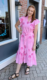 Pink Embroidered Palm Belted Midi Dress