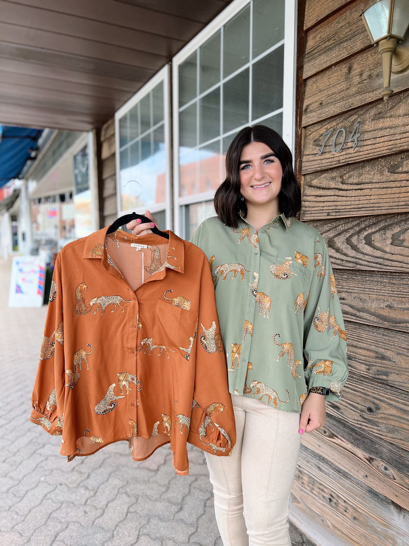 Cheetah Front Pocket Button Up Top
