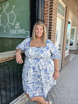 Curvy Blue & White Floral Print Tiered Short Dress