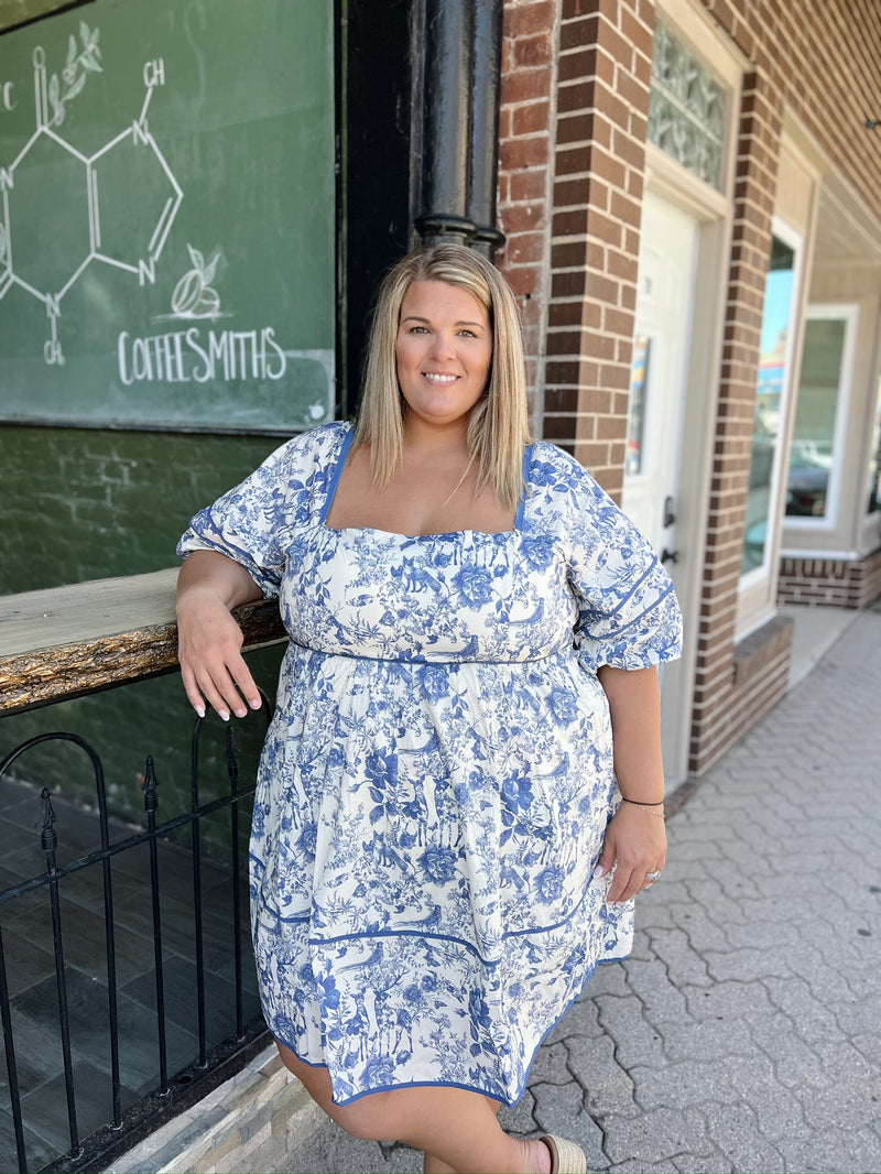 Curvy Blue & White Floral Print Tiered Short Dress