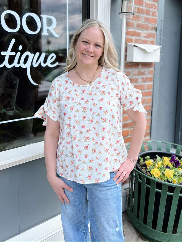 Off White Floral Print Top with Tie Detail Sleeves