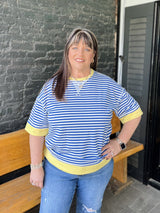 Royal Blue Striped Top with Yellow Trim