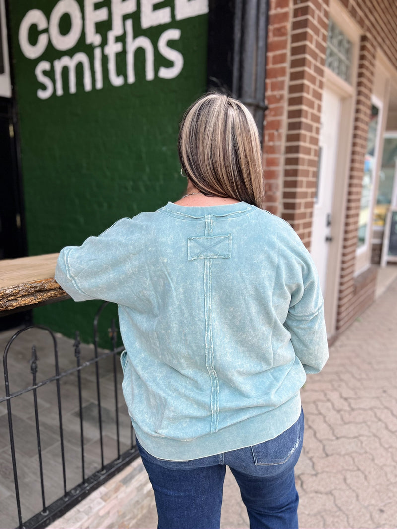 Curvy Acid Wash French Terry Pocket Pullover