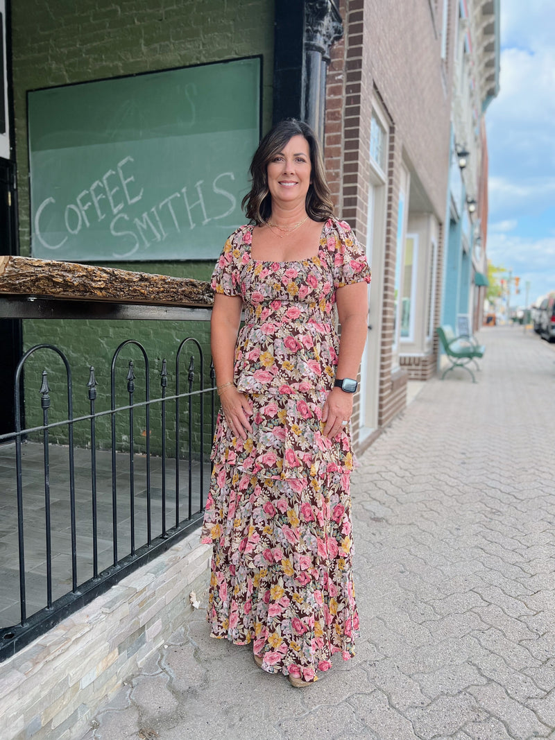 Brown Smocked Floral Ruffle Tiered Dress
