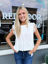 White Side Lace Trim Ruffle Hem Top