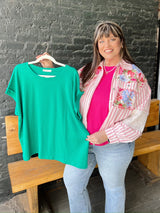 Curvy Relaxed Fit Round Neck Rolled Sleeve Top