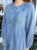 Denim Cape Collar Pleated Ruffle Dress