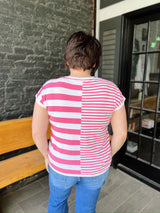 Pink Striped Colorblock Lighweight Knit Top
