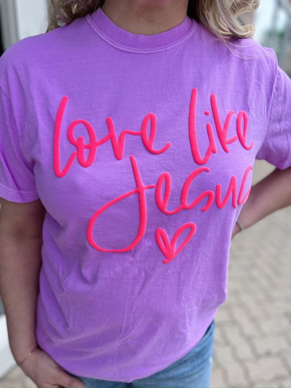 Purple Puff Print Love Like Jesus Tee