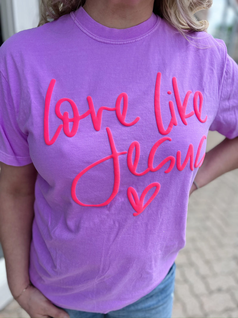 Purple Puff Print Love Like Jesus Tee