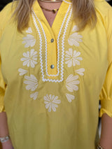Curvy Yellow Embroidered 3/4 Sleeve Top