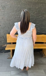 Curvy Blue Stripe Smocked Ruffle Trim Dress