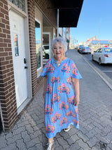 Blue Floral Flutter Sleeve Midi Dress