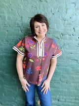 Floral Rib Band Trimed Front Zip Top