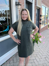 Mock Neck Short Sleeve Sweater Dress With Pockets