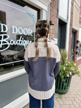 Blue Striped Waffle Knit Collared Top