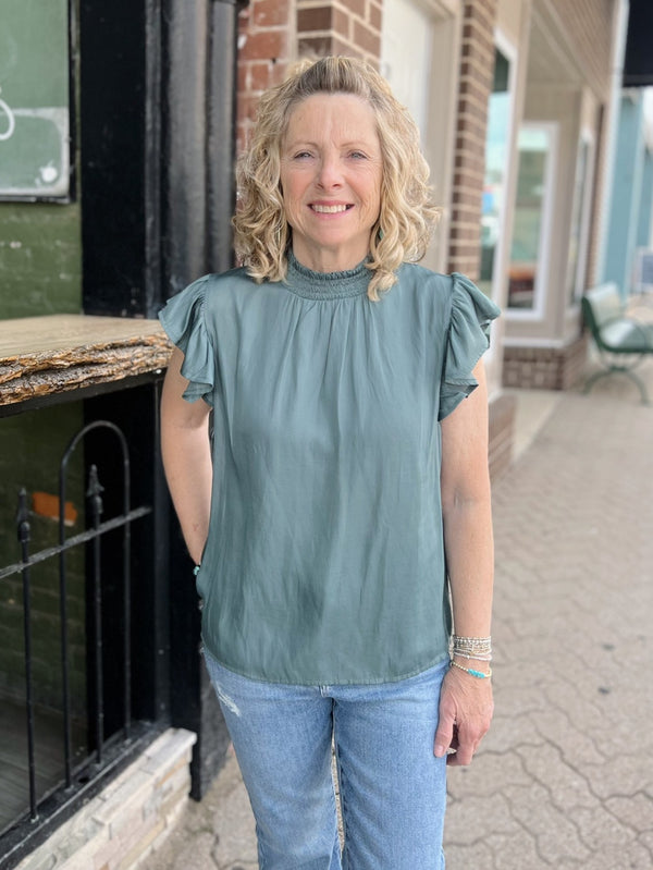 Dark Sage Mock Neck Ruffle Sleeve Top