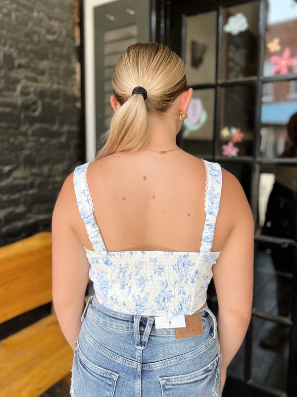 Blue Floral Front Hook & Eye Sleeveless Crop