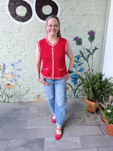 Red Ribbed Finish Button Down Sweater Vest