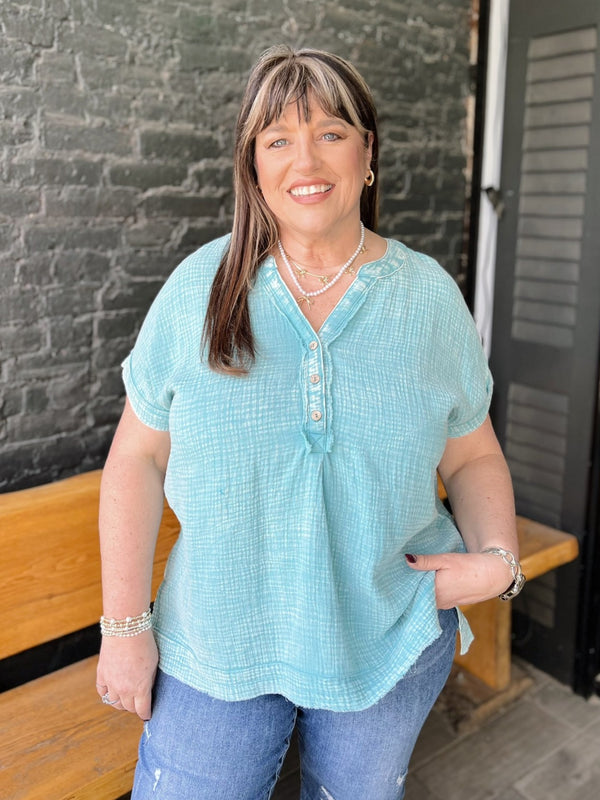 Curvy Dusty Teal 3/4 Button Henley Top