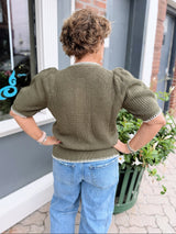 Olive Whipstitch Detail Button Front Short Sleeve Sweater