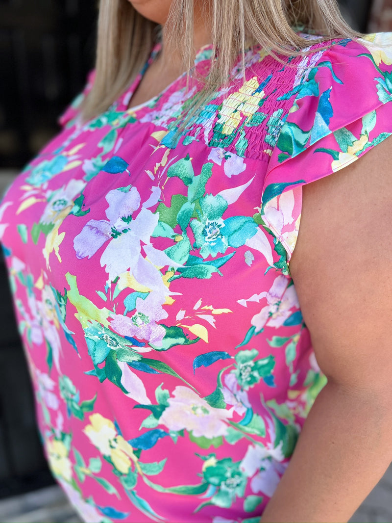 Curvy Pink Floral Smocked Detail Top