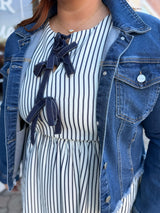 Curvy Navy Sleeveless Striped Bow Front Midi Dress