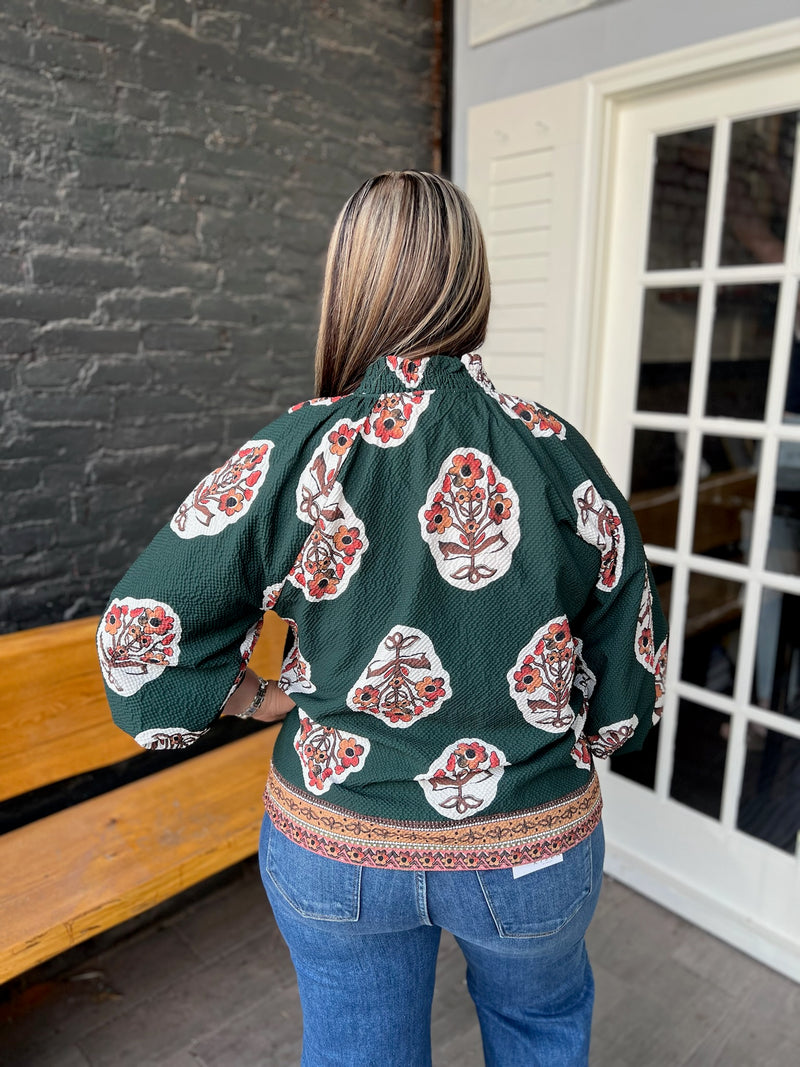 Curvy Forest Green Boho Floral Print Tunic Top