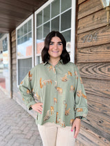 Cheetah Front Pocket Button Up Top