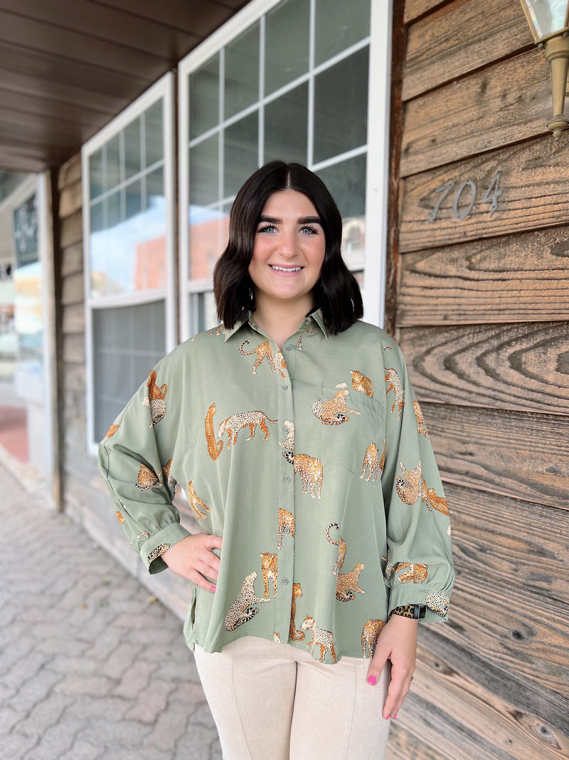 Cheetah Front Pocket Button Up Top