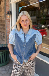 Button Down Two Tone Washed Denim Top