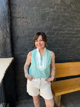 Green Striped Contrast V-Neck Sleeveless Top