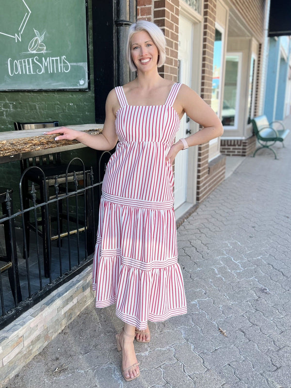 Red Sleeveless Striped Side Pocket Dress