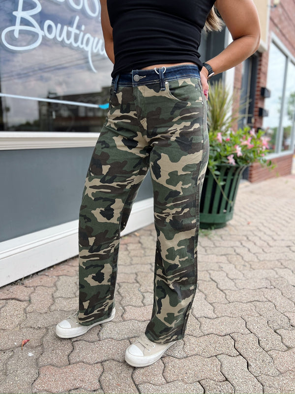 Emily's Camo Mid Rise Wide Straight Leg Jeans