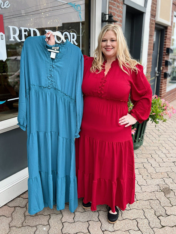 Curvy Frilled Smocked Waist Long Sleeve Midi Dress