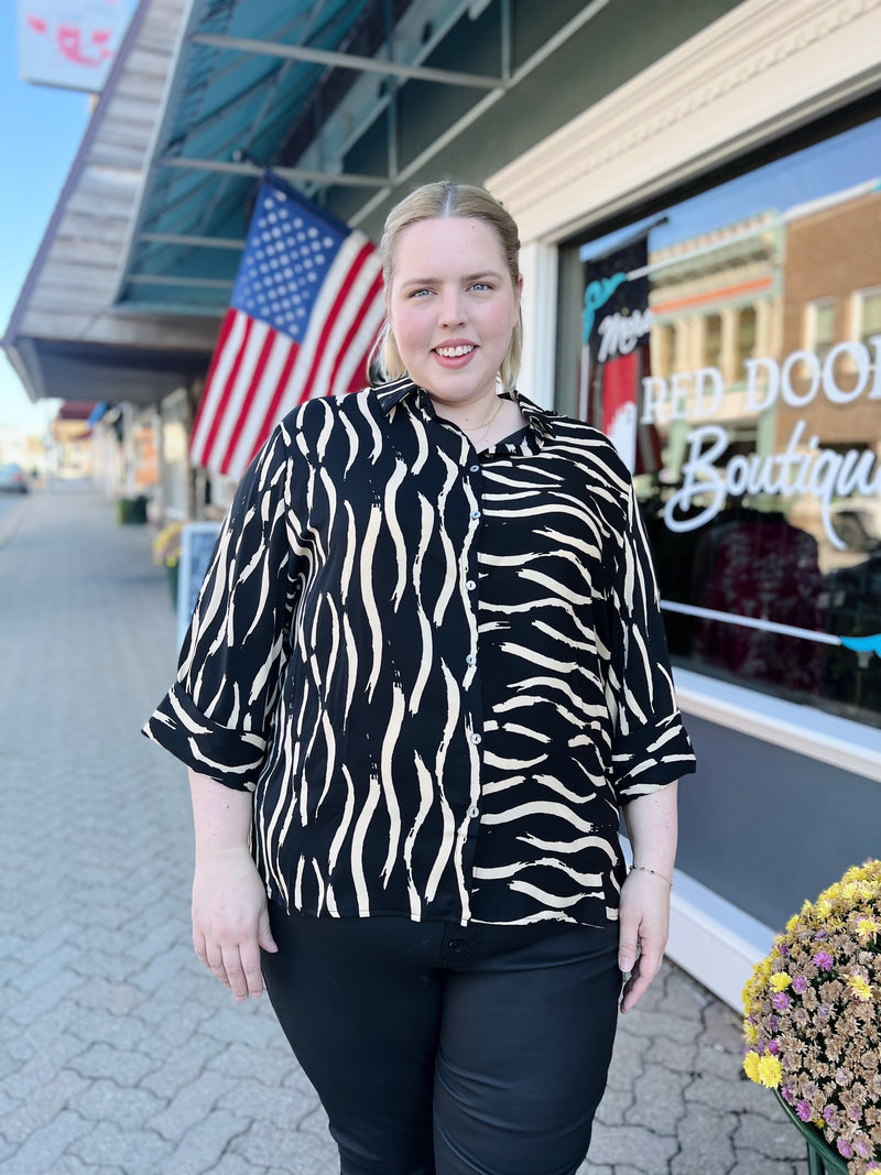 Curvy Black Abstract Line Button Up