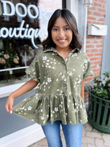 Olive Floral Printed Cotton Twill Top
