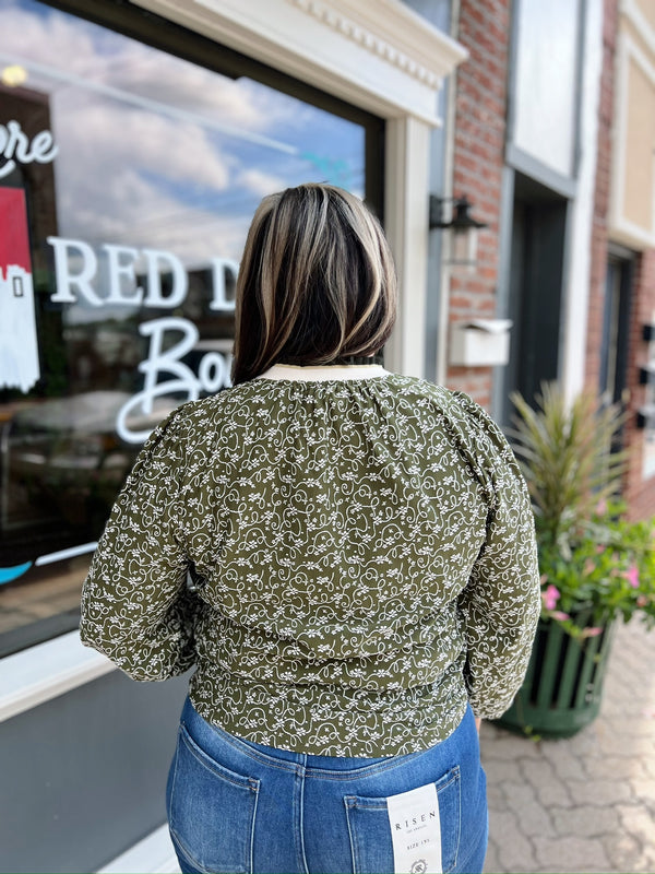 Olive Floral Vine Print Ruffle Neck Blouse