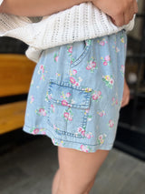 Floral Print Chambray Washed Shorts