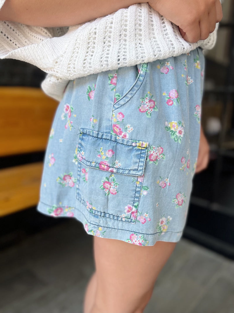 Floral Print Chambray Washed Shorts