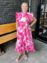 Fuchsia Floral Ruffle Sleeve Maxi Dress
