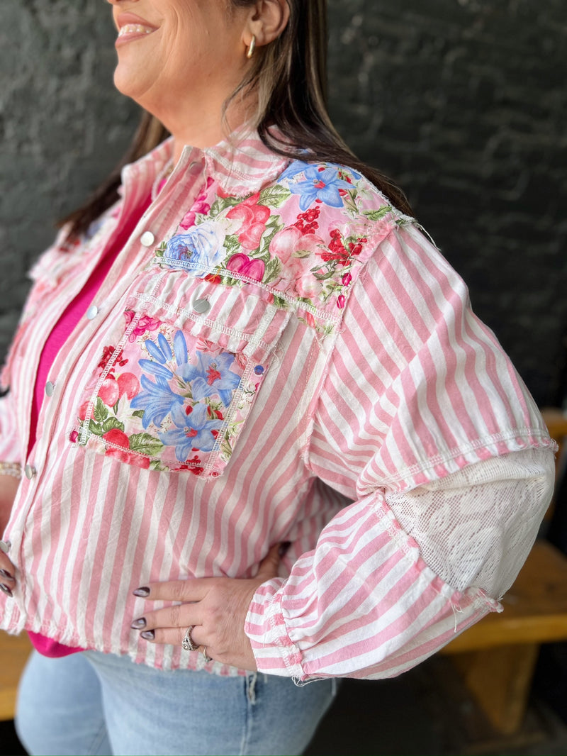 Pink Striped Relaxed Fit Balloon Sleeve Floral Printed Jacket