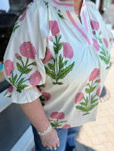 Curvy Cream Floral Poplin Puff Sleeve Top