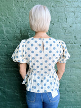 Blue Polka Dot Puff Sleeve Pricess lined Top