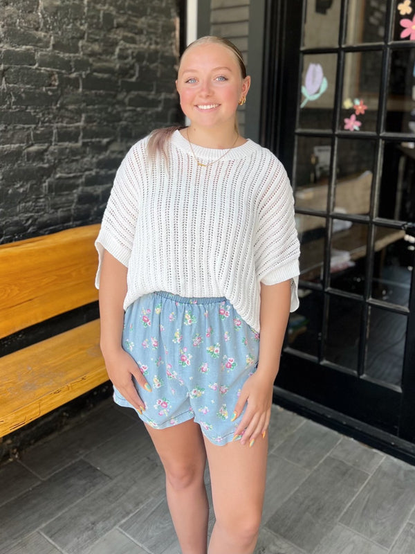 Floral Print Chambray Washed Shorts