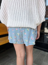 Floral Print Chambray Washed Shorts
