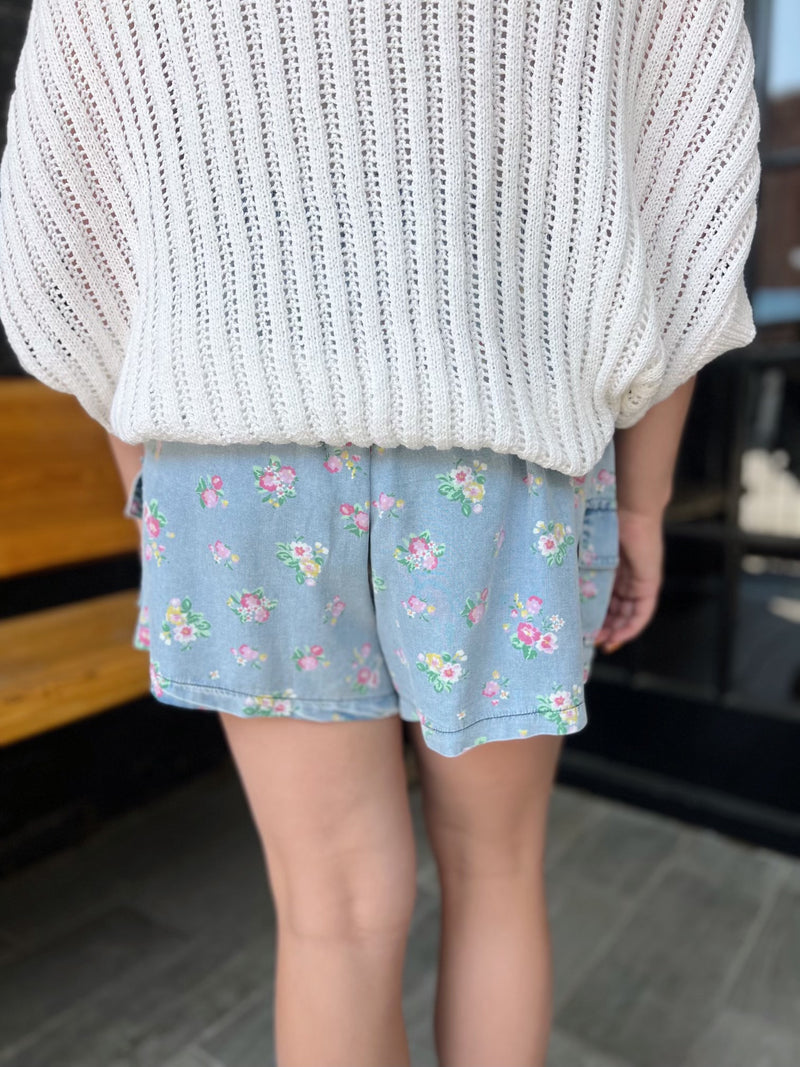 Floral Print Chambray Washed Shorts