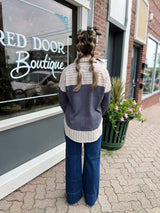 Blue Striped Waffle Knit Collared Top