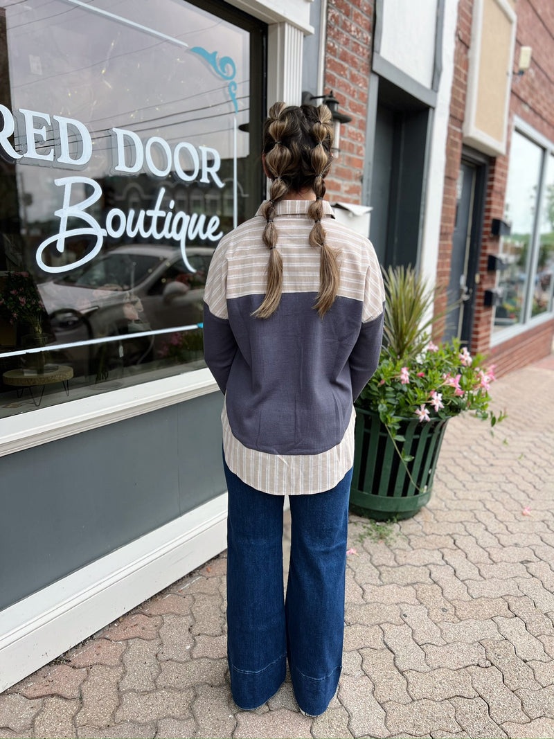 Blue Striped Waffle Knit Collared Top